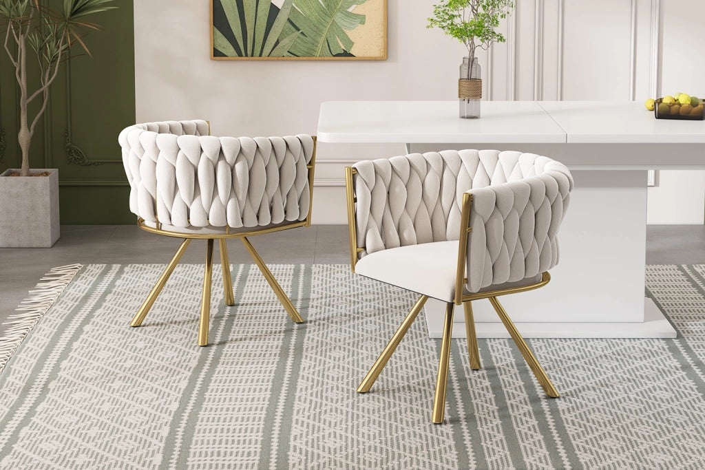 Set 2 sedie da pranzo girevoli in velluto beige con gambe in metallo oro, rotazione 360°