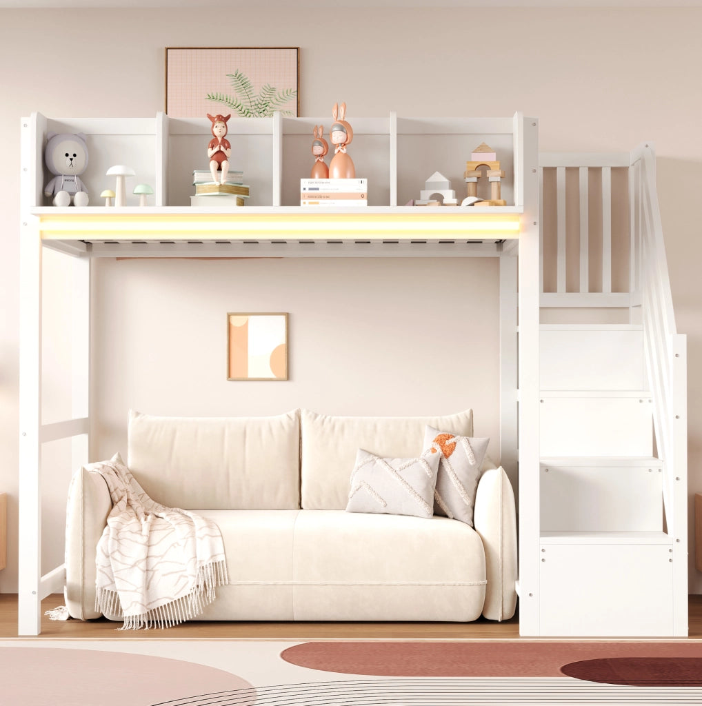 Letto a soppalco multifunzionale 90 x 200 cm in legno con LED; scala e vani portaoggetti; bianco
