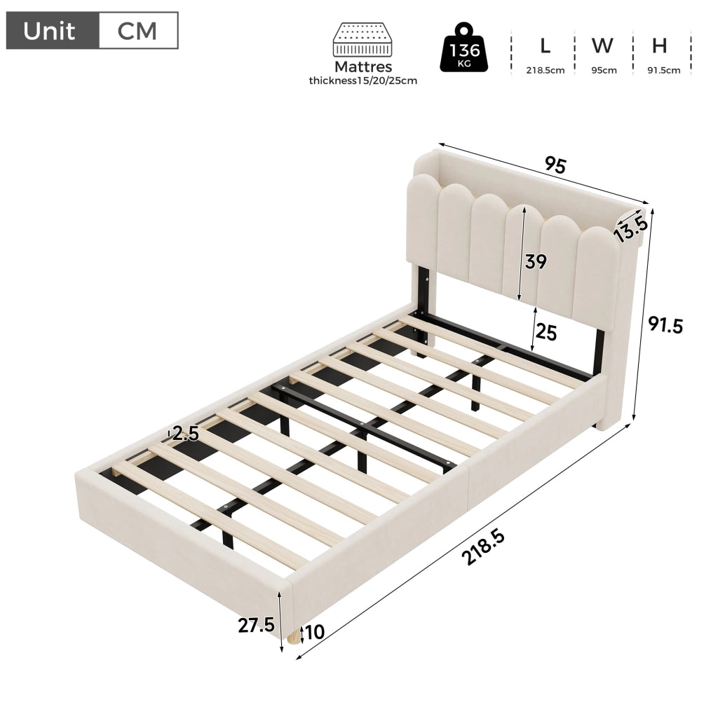 Letto singolo per bambini 90x200 cm con testiera USB-C e luce; velluto beige