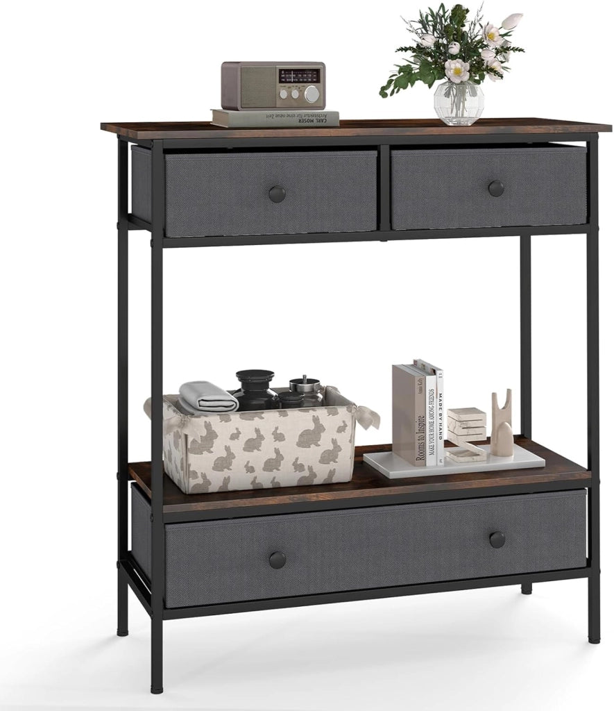 Tavolo consolle con 3 cassetti pieghevoli e vano portaoggetti aperto, tavolo d'ingresso con telaio in metallo, tavolo da esposizione rustico per soggiorno, corridoio e ingresso, 80 x 30 x 85,5