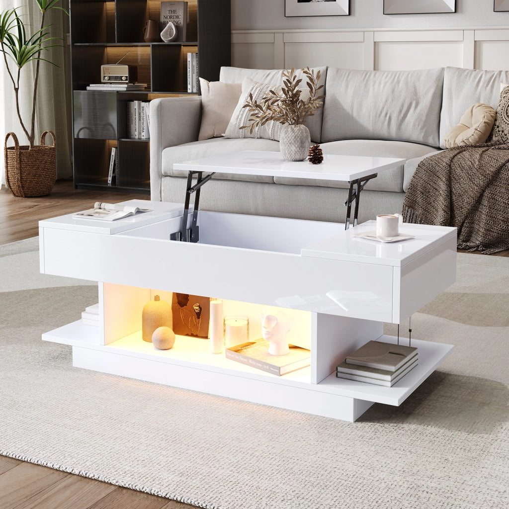 TAVOLO da caffè alzabile 98x45x40 cm bianco lucido con LED