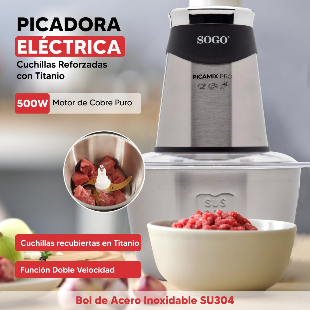 Tritatutto elettrico 1,8L con lame titanio 4 coltelli e doppia velocità, ciotola acciaio inox per carne e verdure - Sogo