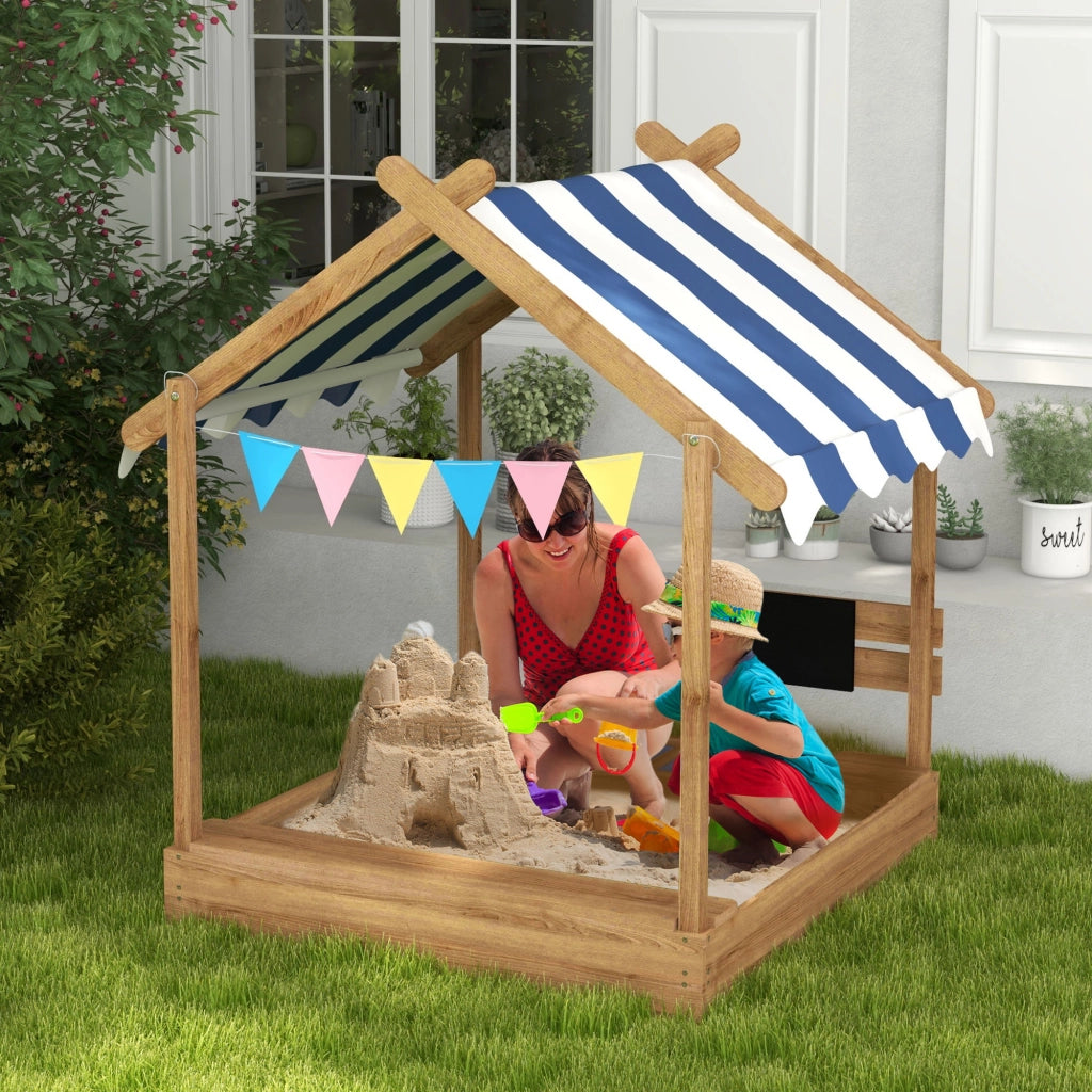 Casetta da Gioco con Sandbox e Tenda ¨C Zephmum ¨C Legno Massello Marrone 124x116x146 cm