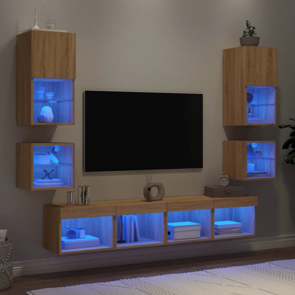 Mobili TV a Muro con LED 8pz | Armadietto TV | Mobile Porta TV Rovere Sonoma Legno Multistrato
