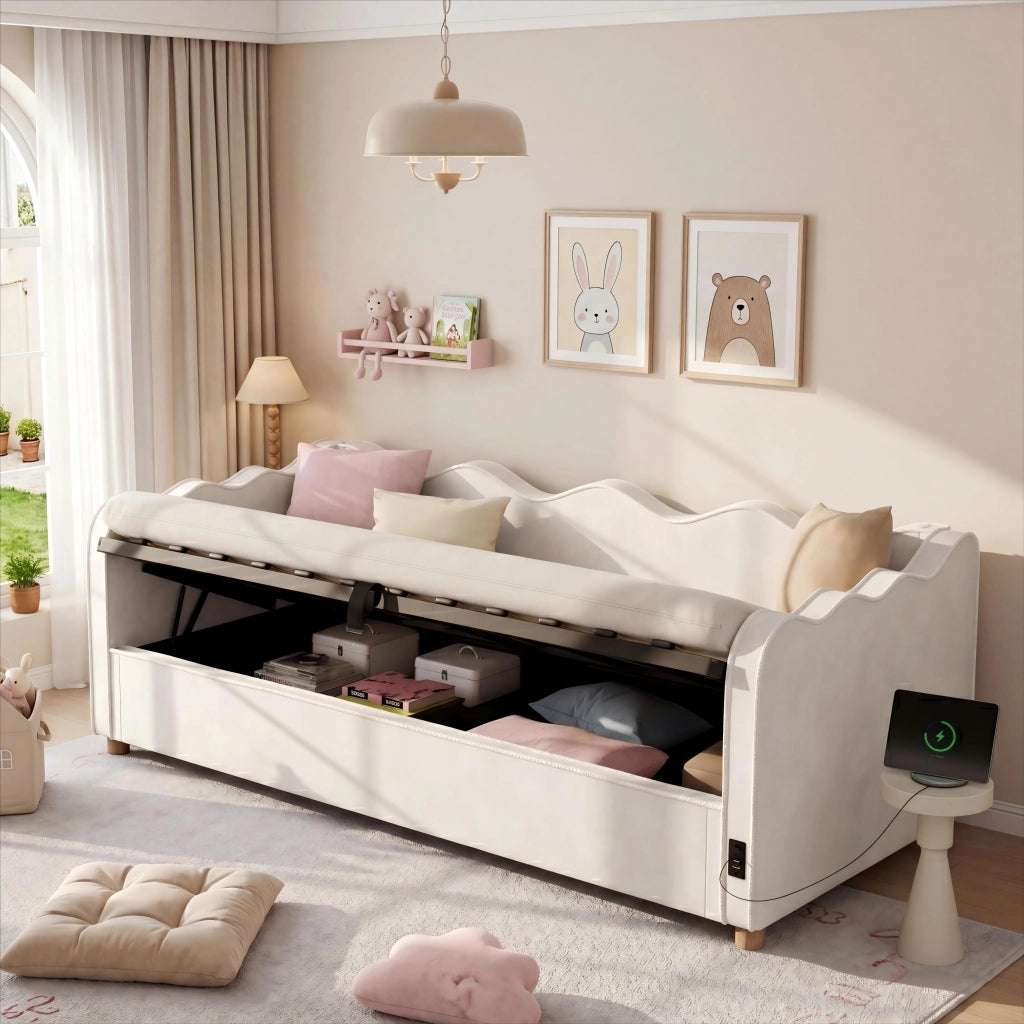 Letto contenitore per bambini 90 × 200 cm con contenitore idraulico, USB e Type-C, senza materasso, in velluto beige