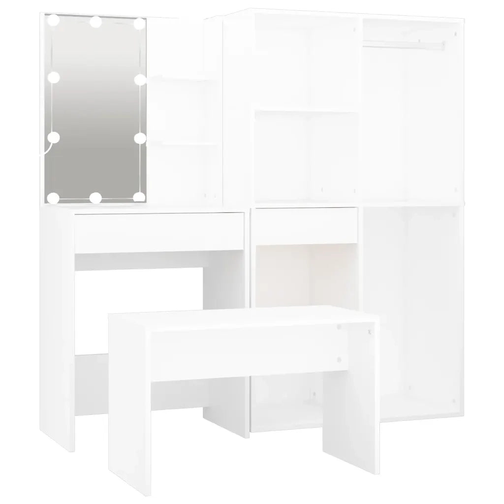 Set Tavolo da Toeletta | Tavolo da Trucco Bianco con LED in Legno Multistrato