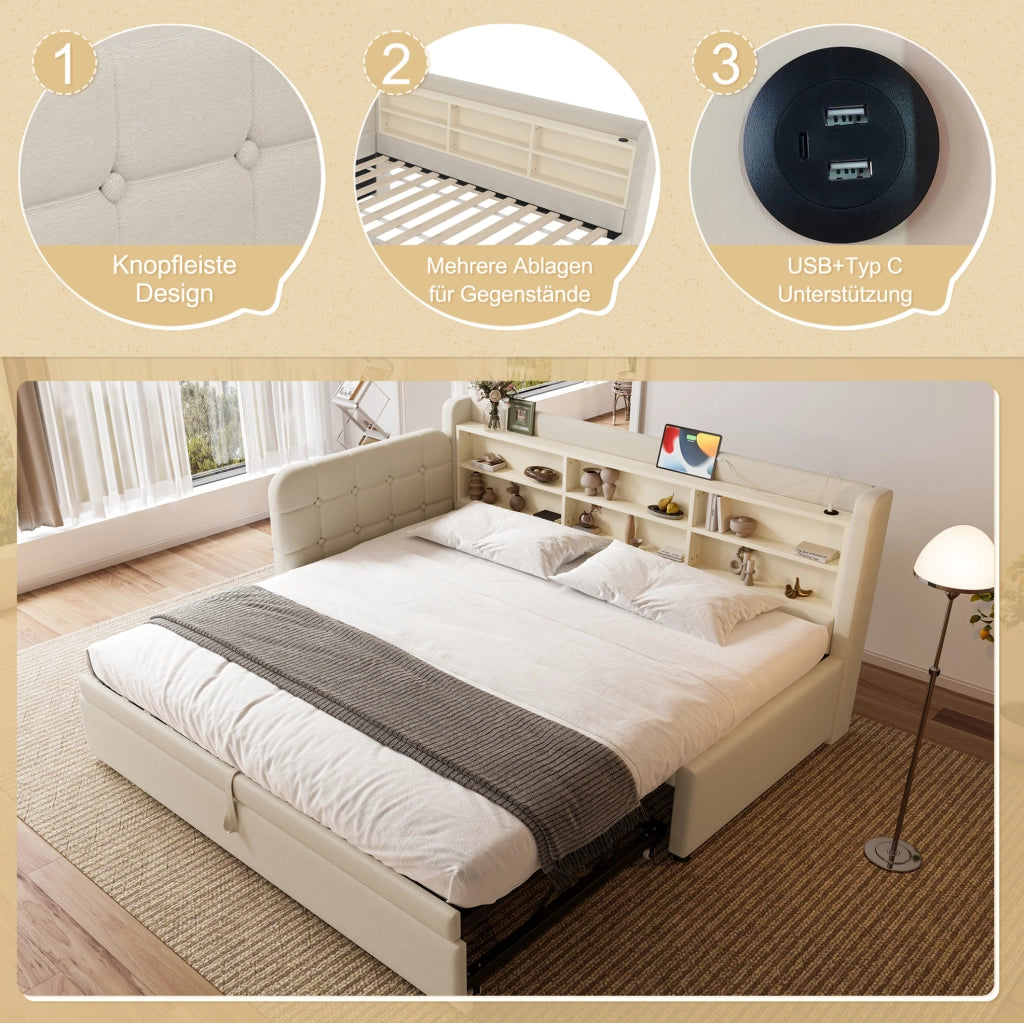 Divano letto estraibile 90x200 cm in lino beige con USB e Type-C