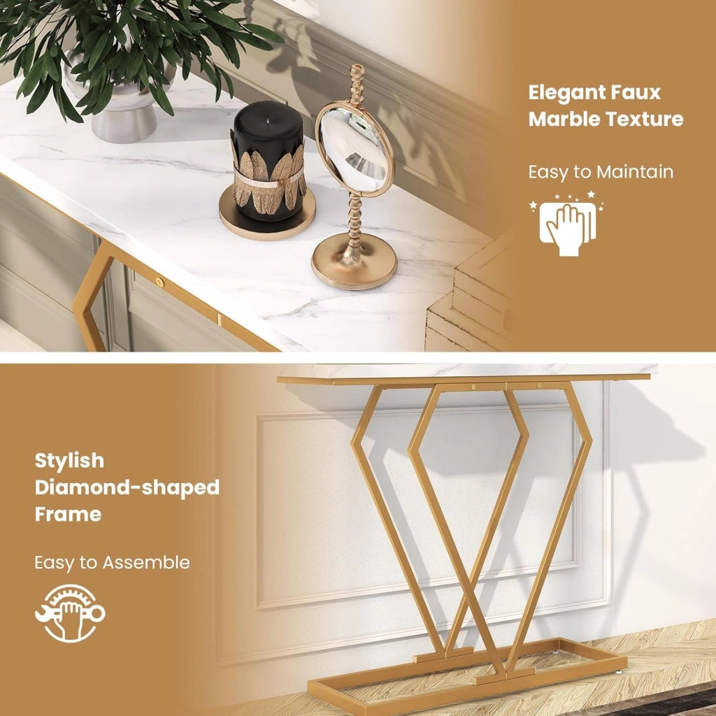 Tavolo consolle da ingresso, 100 x 29,5 x 80 cm, superficie in marmo artificiale e gambe metalliche, tavolo stretto per dietro il divano, tavolo rettangolare per lobby, soggiorno