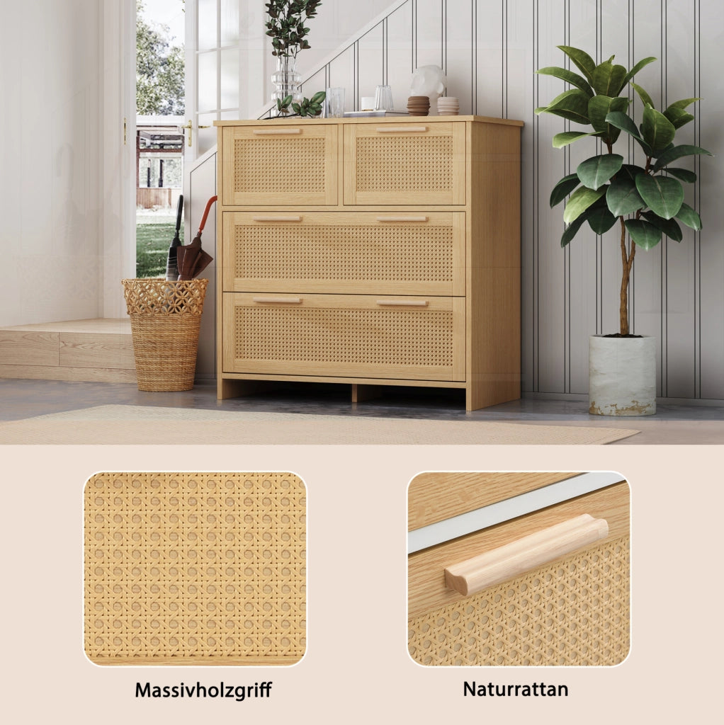 Cassettiera a 4 cassetti in MDF e rattan naturale 80x80x38 cm; naturale