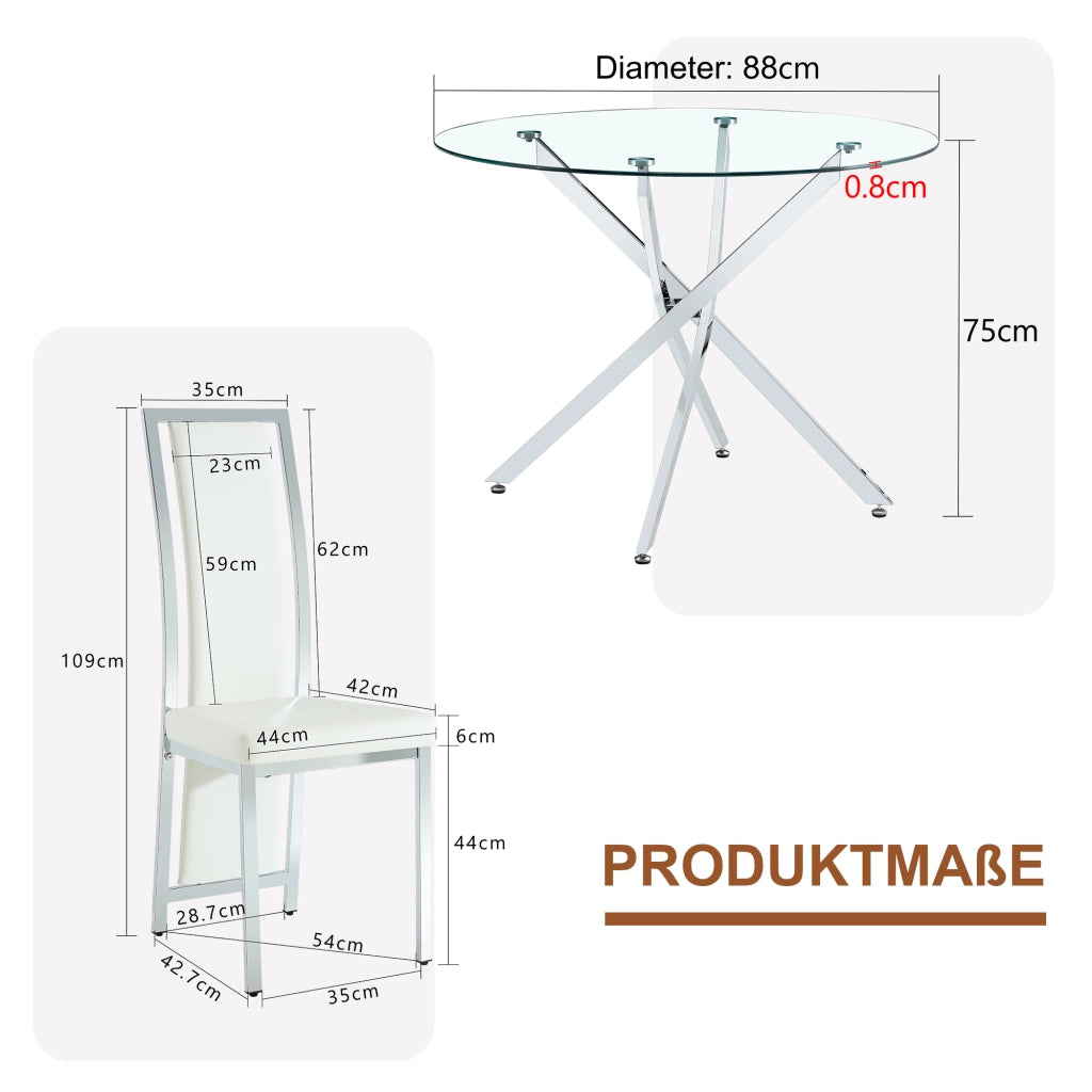 Set tavolo da pranzo e sedie con 1 tavolo rotondo e 4 sedie in vetro temperato; metallo e PU bianco e argento