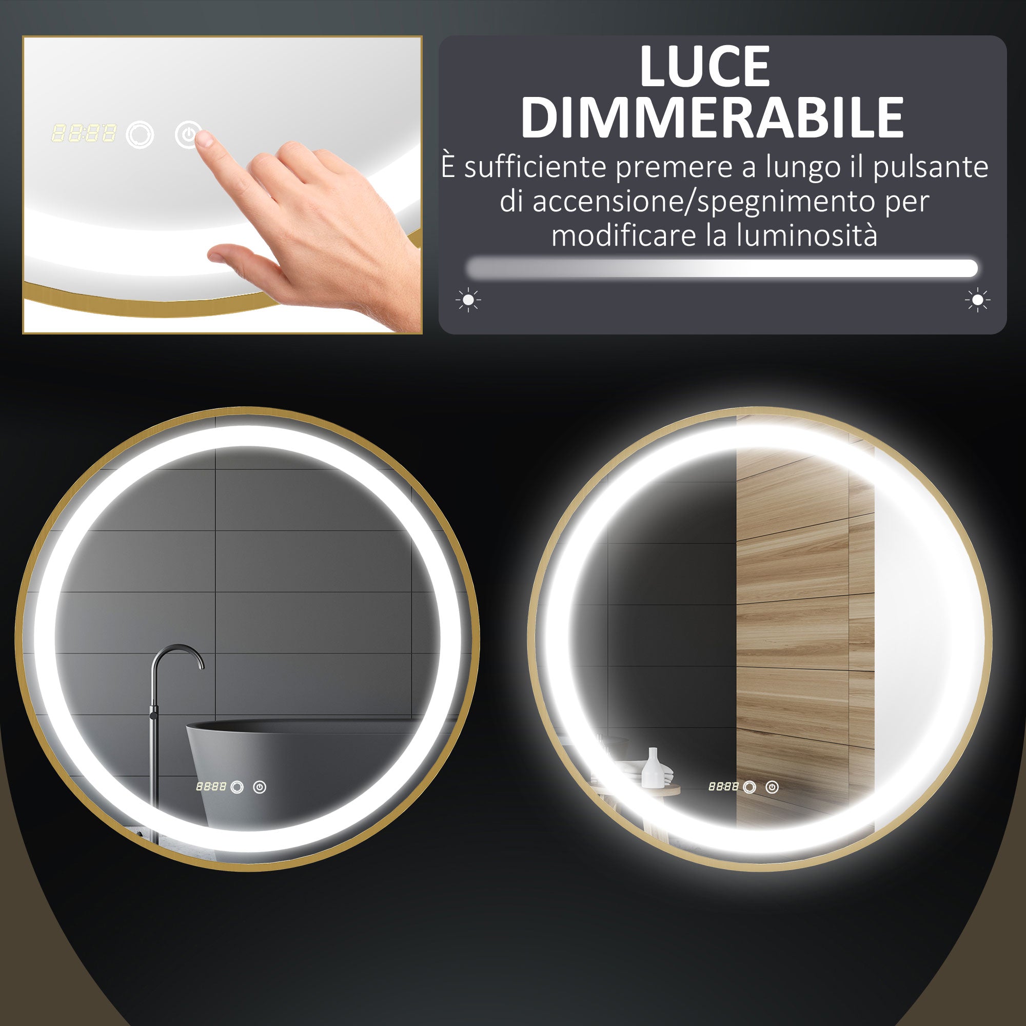 Specchio da Bagno con Luce LED 3 Tonalità e Funzione Memoria Ø60 cm Telaio in Alluminio Oro