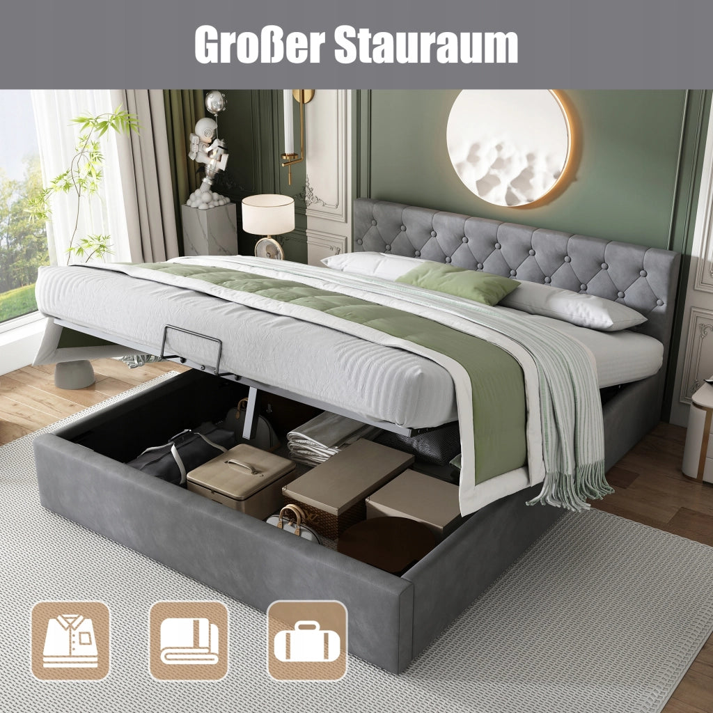 Letto imbottito 140x200 - Xylo - Grigio, meccanismo idraulico