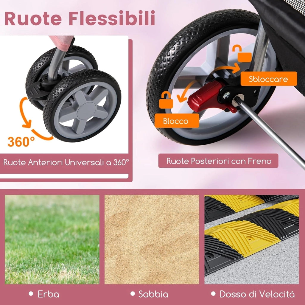 Passeggino per Cani, Carrozzina per Cani Pieghevole Fino a 15 kg, 4 Ruote con Finestra a Rete Porta Bicchiere e Cesto, Passeggino Portatile per Animali Piccola e Media (Rosa)