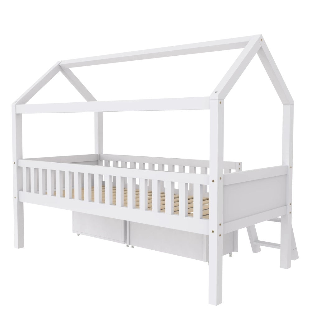 Letto Casetta Bambini 200x90 con Cassetti e Sponde ¨C Xylo ¨C Bianco