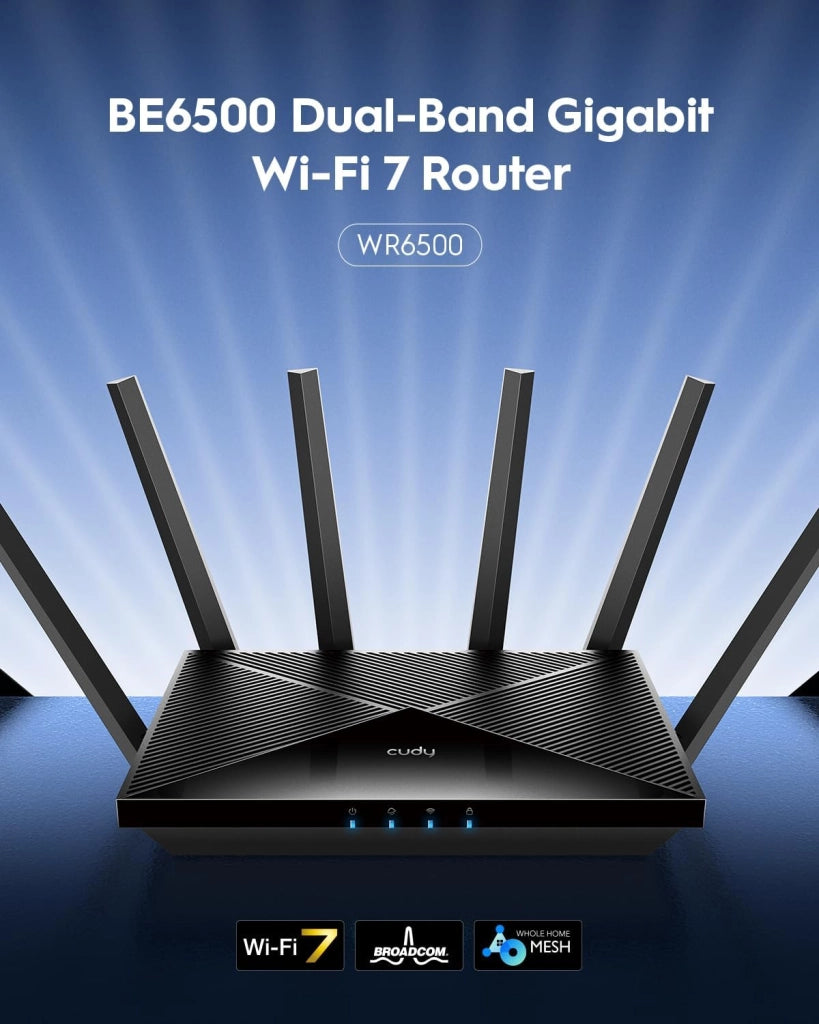 Router Cudy BE6500 WiFi 7 Dual Band Gigabit Gaming, 6500 Mbps, client e server VPN, compatibile con Cudy Mesh e APP, CPU Broadcom quad-core da 2 GHz, WR6500