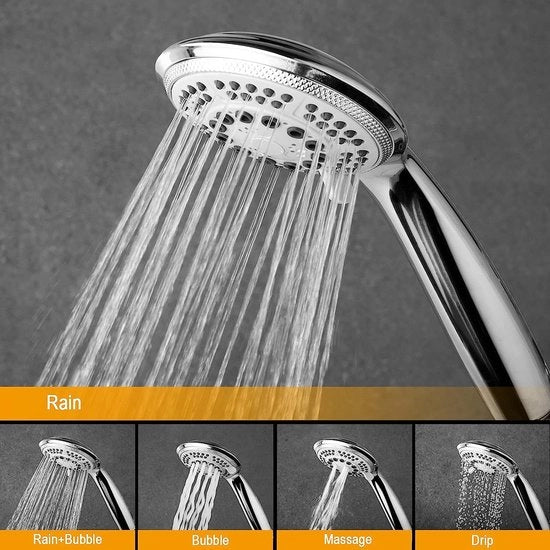 Completo per doccia a mano ronde con getto di acqua a risparmio, testa di doccia con 5 getti, finitura cromata [Classe di efficienza energetica A+]
