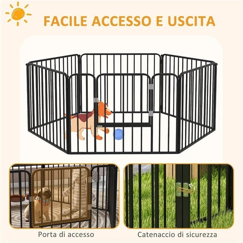 RECINTO PER CANI A 6 PANNELLI MODULABILI DA INTERNO ED ESTERNO, IN ACCIAIO, 164X83X60 CM, NERO