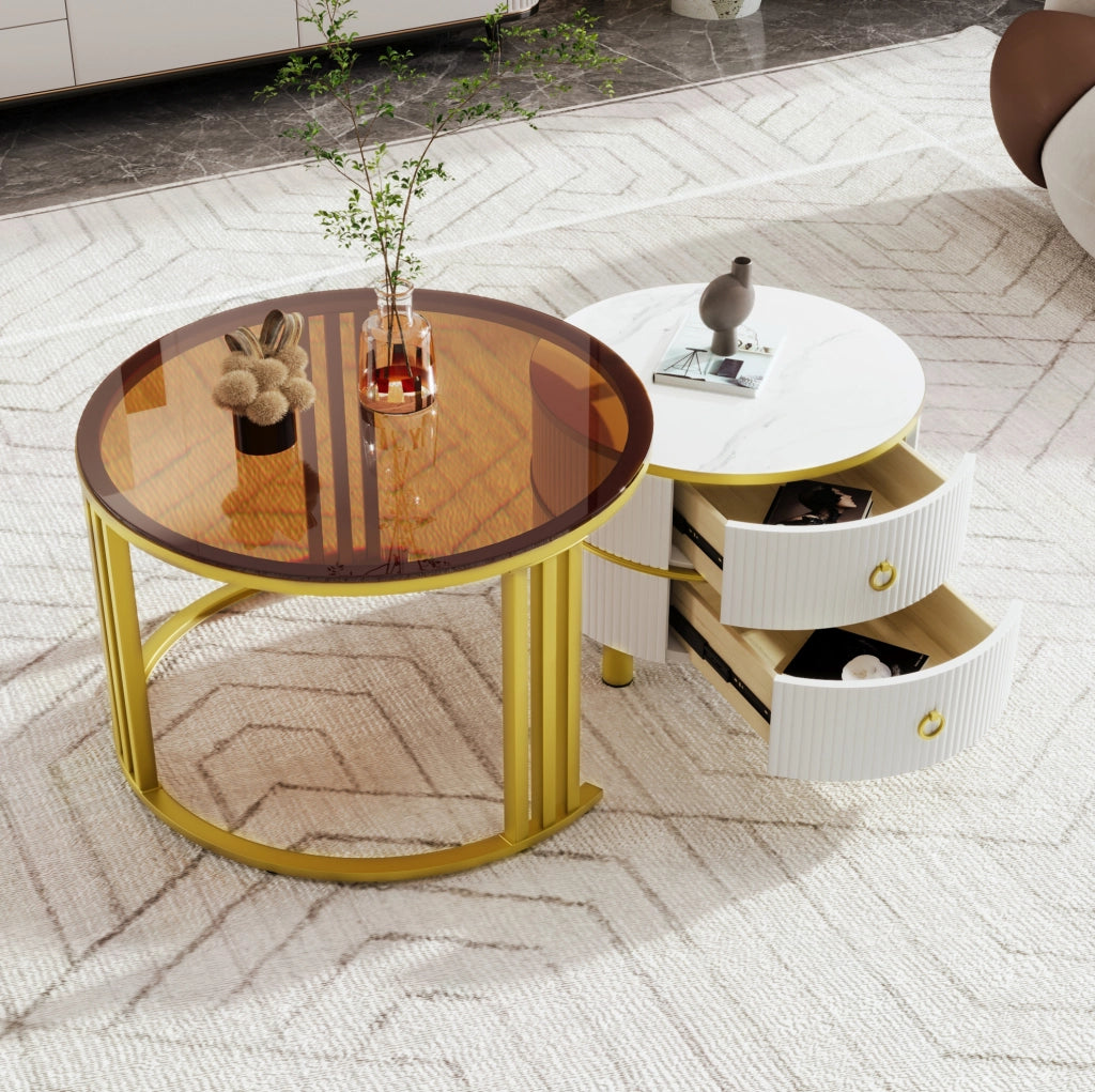 Set di tavolini da caffè rotondi 2 in 1 con cassetti, bianco e vetro marrone