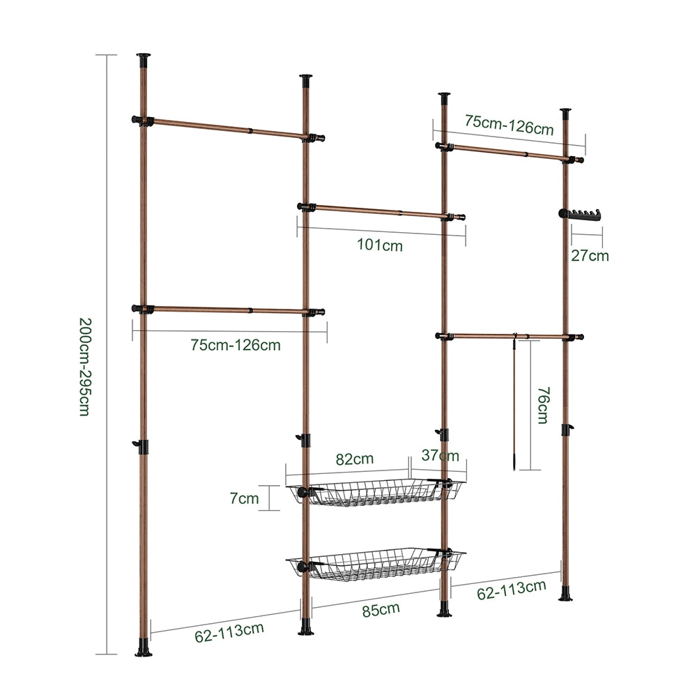 SoBuy | Appendiabiti da Terra Telescopico Venatura del Legno | Appendiabiti in Piedi | Armadio Aperto Regolabile | 331.8x37.0x295.0 cm | Capacità di carico 65 kg | KLS04-II-BR