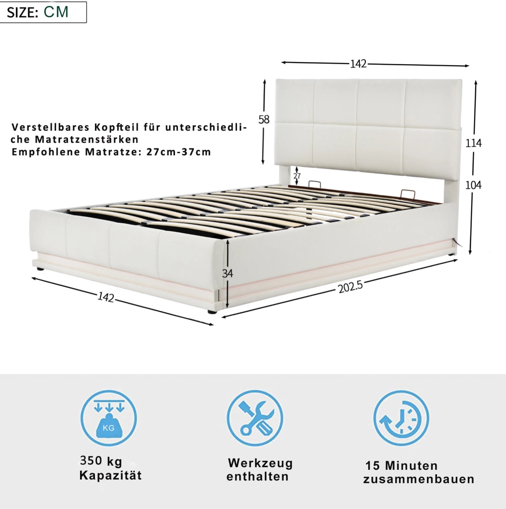 Letto matrimoniale 140x200 cm con LED; contenitore idraulico e rivestimento in similpelle bianco