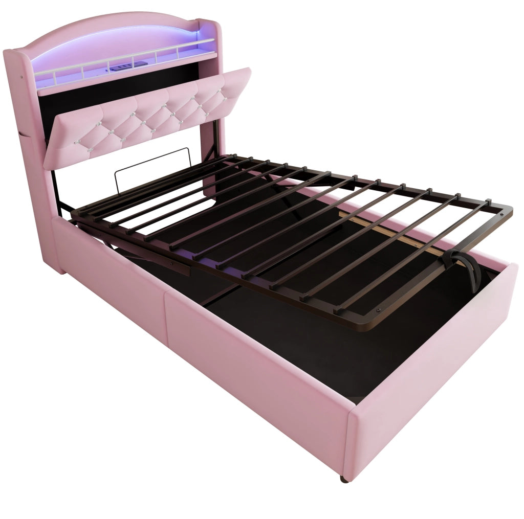 Letto imbottito 90x200 cm; contenitore con LED e USB; tessuto; rosa