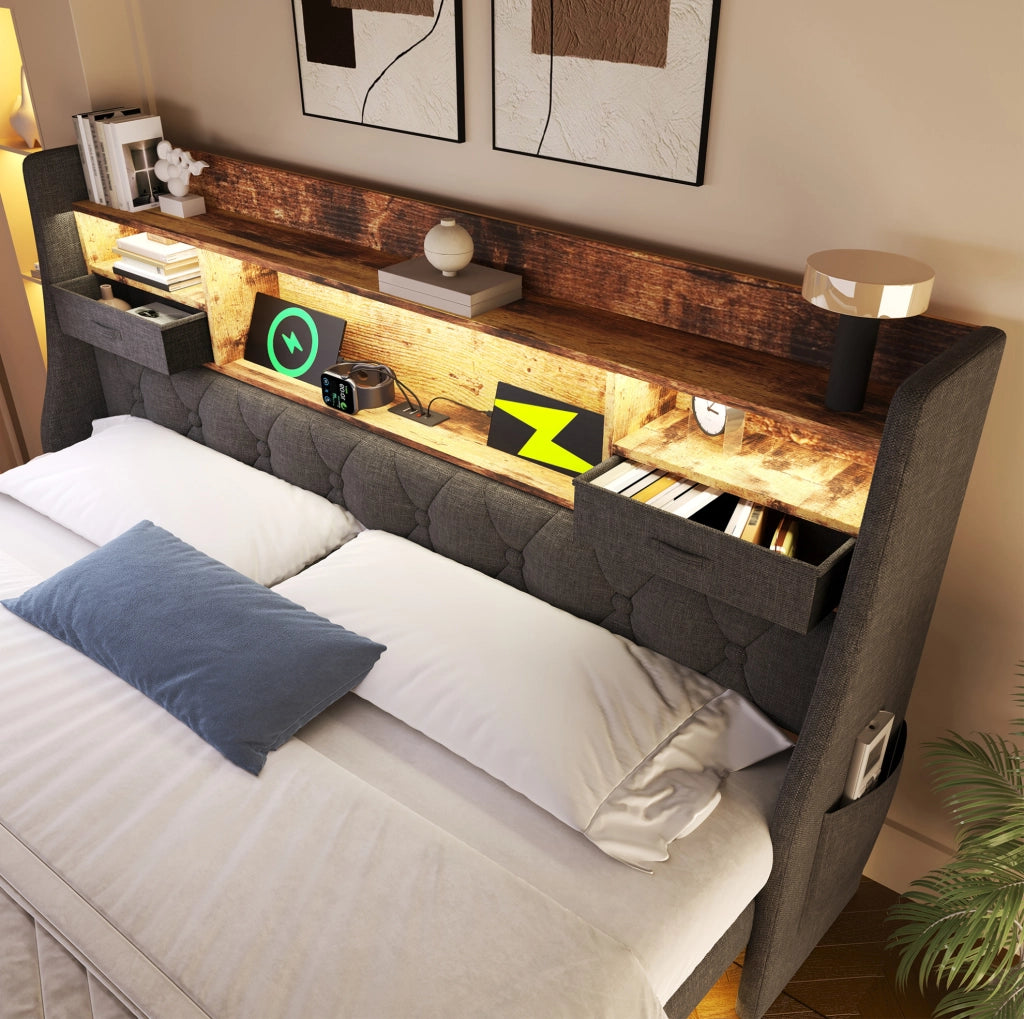 Letto matrimoniale 140x200 cm in lino grigio con LED; USB; Type-C e testiera contenitore