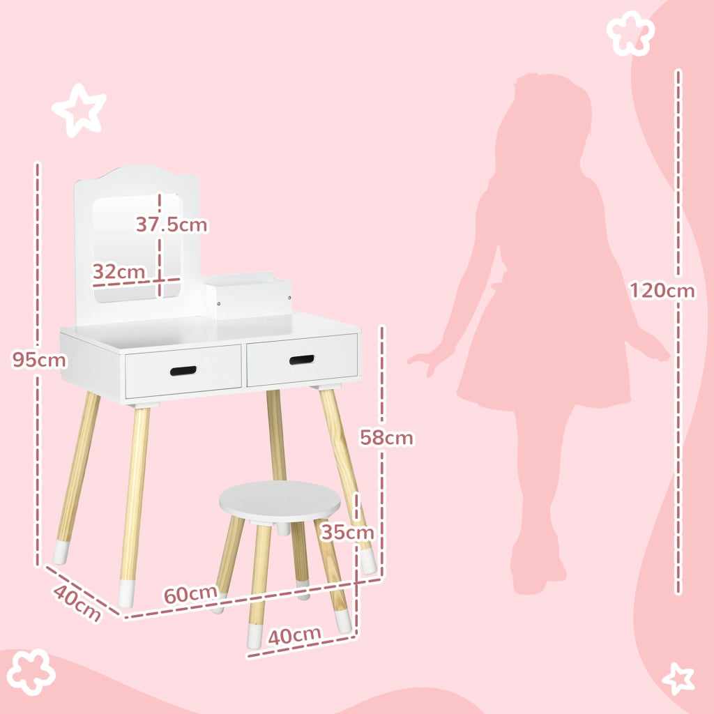 Set Toeletta per Bambini con Tavolo Trucco, Sgabello, Specchio e 2 Cassetti ¨C zephmum ¨C Bianco e Legno