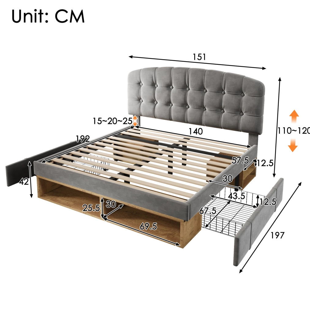 Letto imbottito grigio 140 x 190 cm con testiera regolabile e contenitori