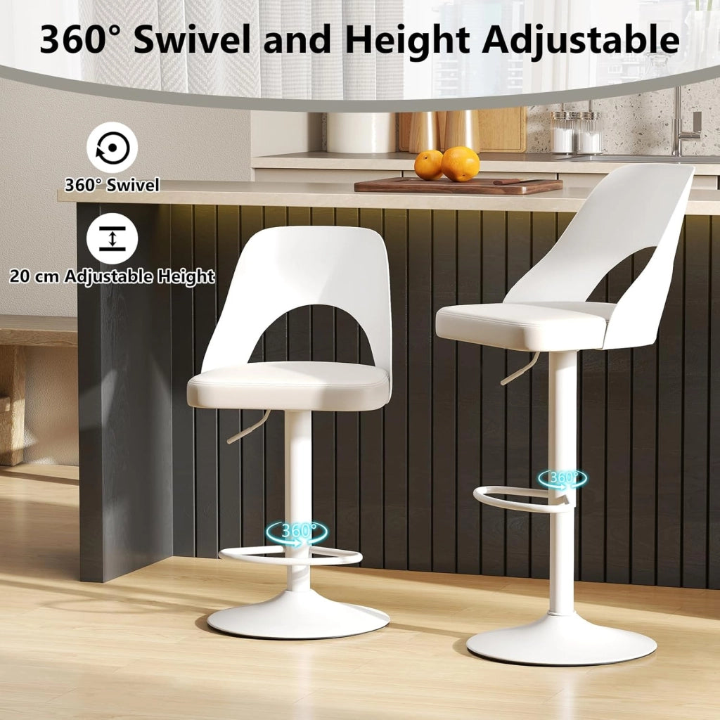 Set di 2 Sedie da Bar, Sedie Ergonomiche senza Braccioli ad Altezza Regolabile con Poggiapiedi, Base in Metallo, Anello di Gomma Antiscivolo, Schienale Avvolgente (Bianco)