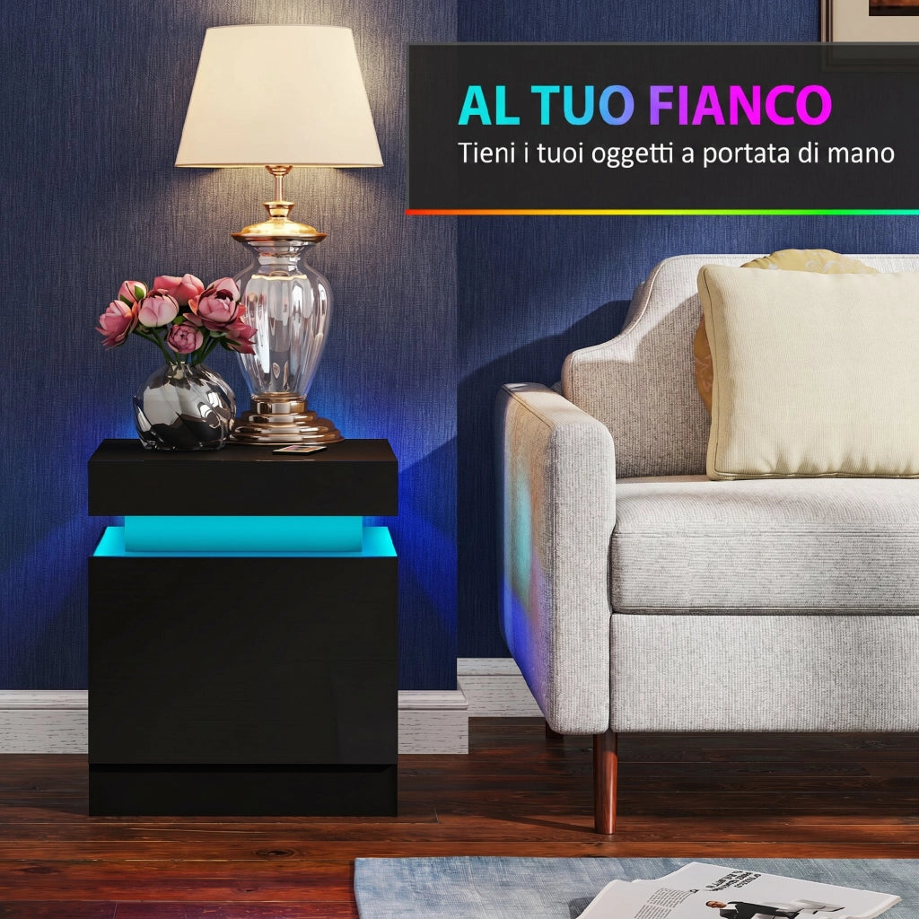 Set 2 Comodini 45x35x52 cm LED a 16 Colori e 4 Modalità con 2 Cassetti in Legno Nero