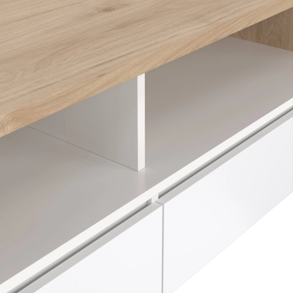 Tavolino da salotto Shote, Tavolo basso da caffè, Portariviste per divano, Ripiano da soggiorno, 120x60 h46 cm, Rovere e Bianco lucido