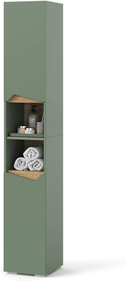 Mobile da bagno Marelle, Verde/Artigianale, 30 x 180 cm Con porte e vani aperti, per la conservazione di articoli da bagno e asciugamani