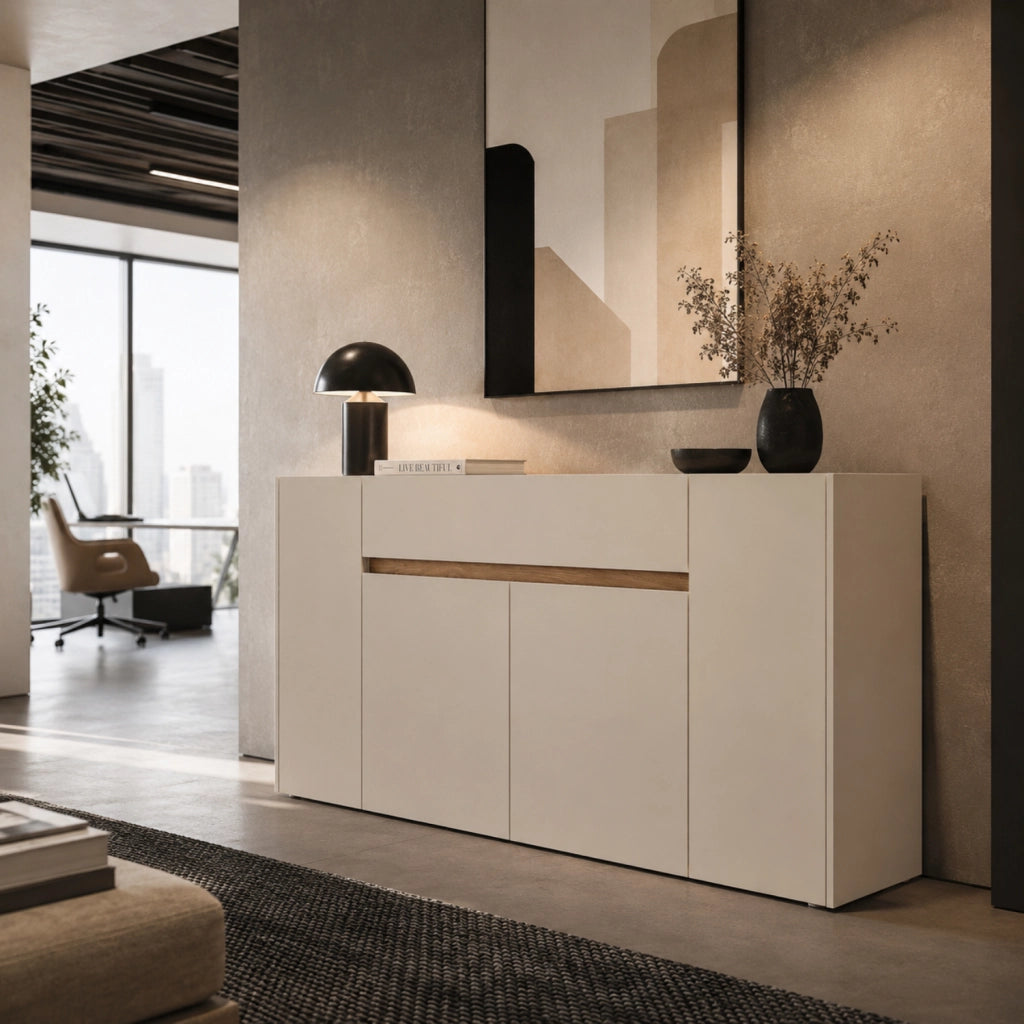 Credenza Moderna Madia In Melaminico Con 4 Ante E 1 Cassetto Mobile Contenitore Sala da Pranzo Soggiorno Design Senza Maniglie Elegante Capiente 170 x 85 x 40 cm Noce Chiaro