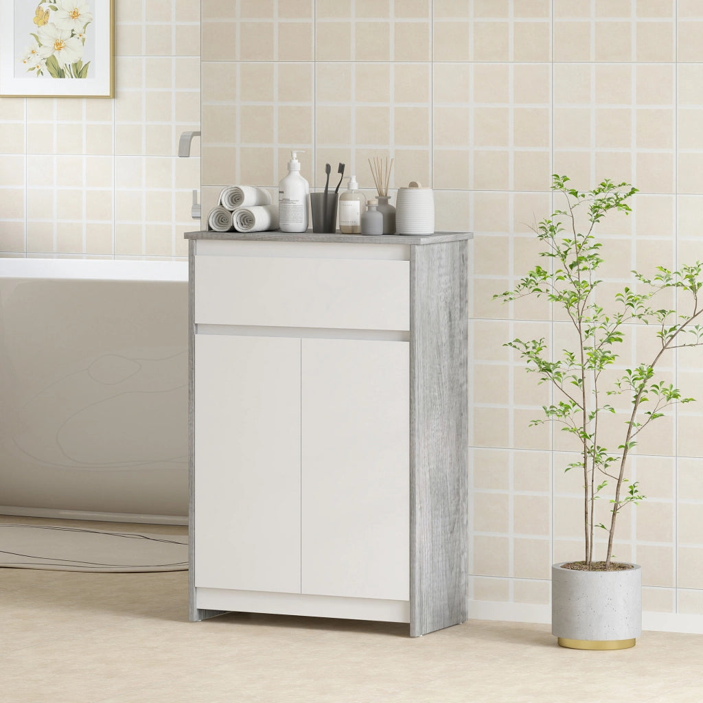 Mobile Bagno Autoportante 60x30x90 cm con Cassetto e Ante Doppie in Legno Grigio e Bianco
