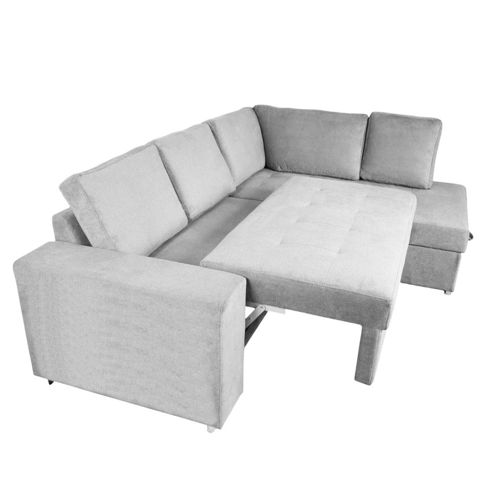 Divano letto angolare Bali con penisola contenitore in tessuto grigio chiaro 248x176x92H