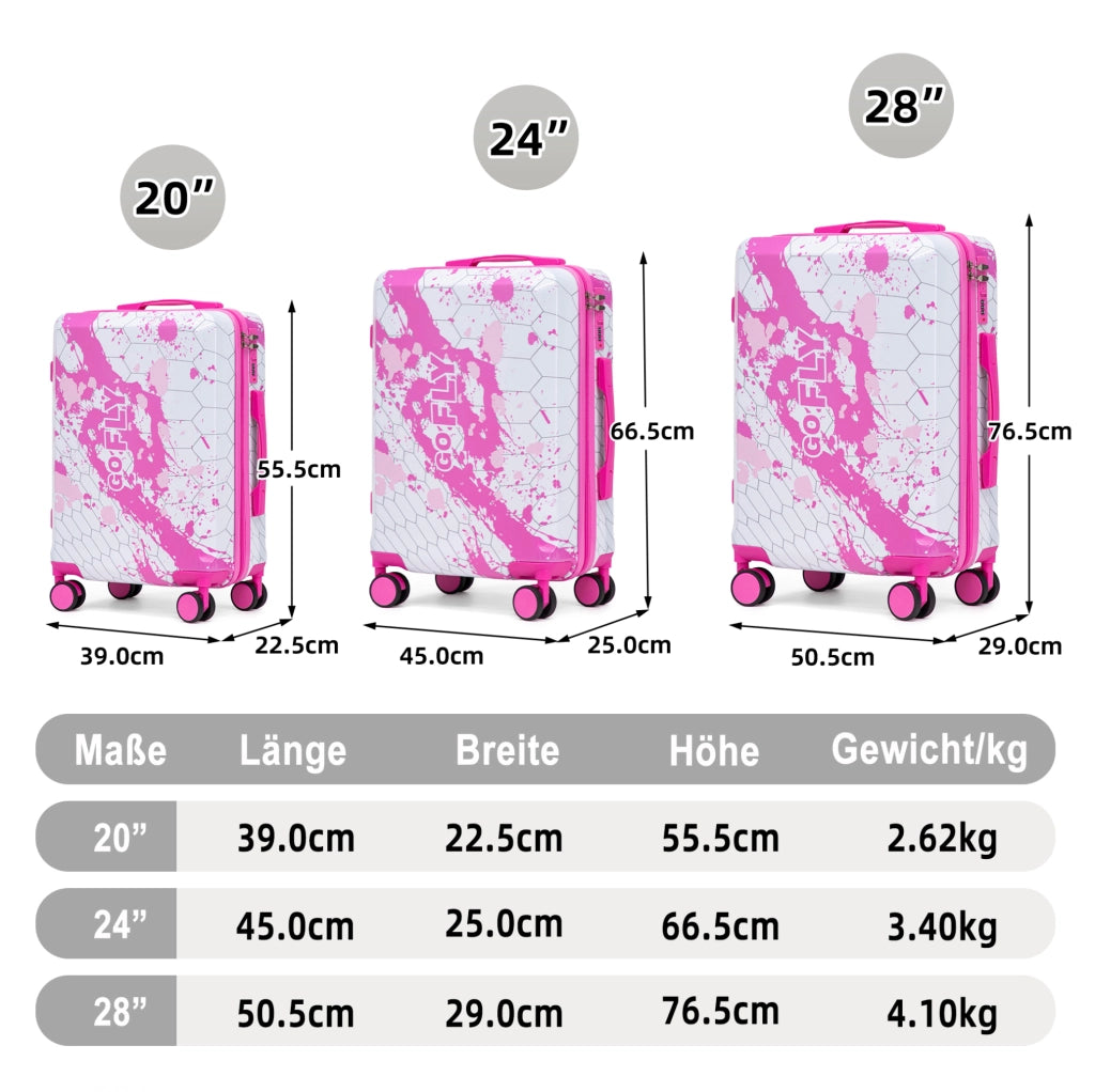 Set di 3 Valigie Rigide in PC con Stampa e Lucchetto a Combinazione Rosa - 20", 24", 28"