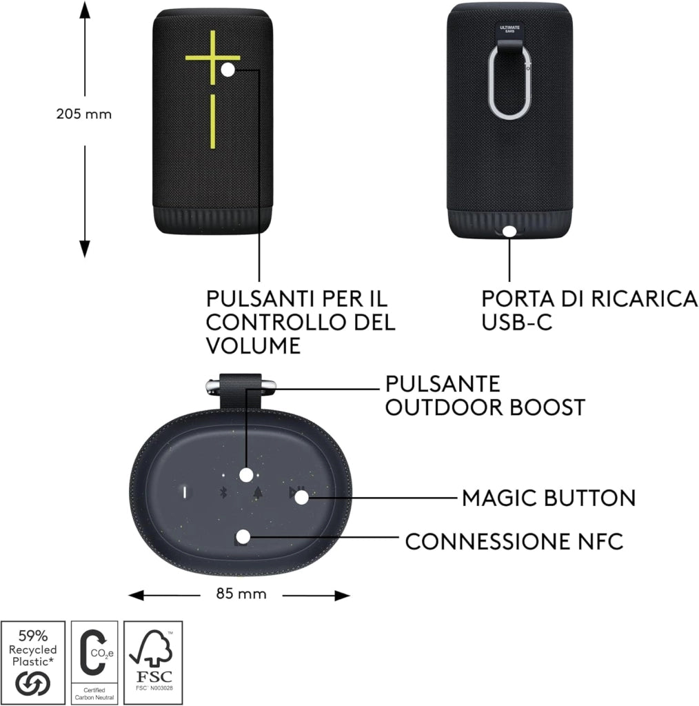 Ultimate Ears EVERBOOM Altoparlante Bluetooth wireless portatile, bassi ottimali, audio a 360 gradi, IP67 impermeabile e galleggiante, fino a 20 ore di durata della batteria - Nero