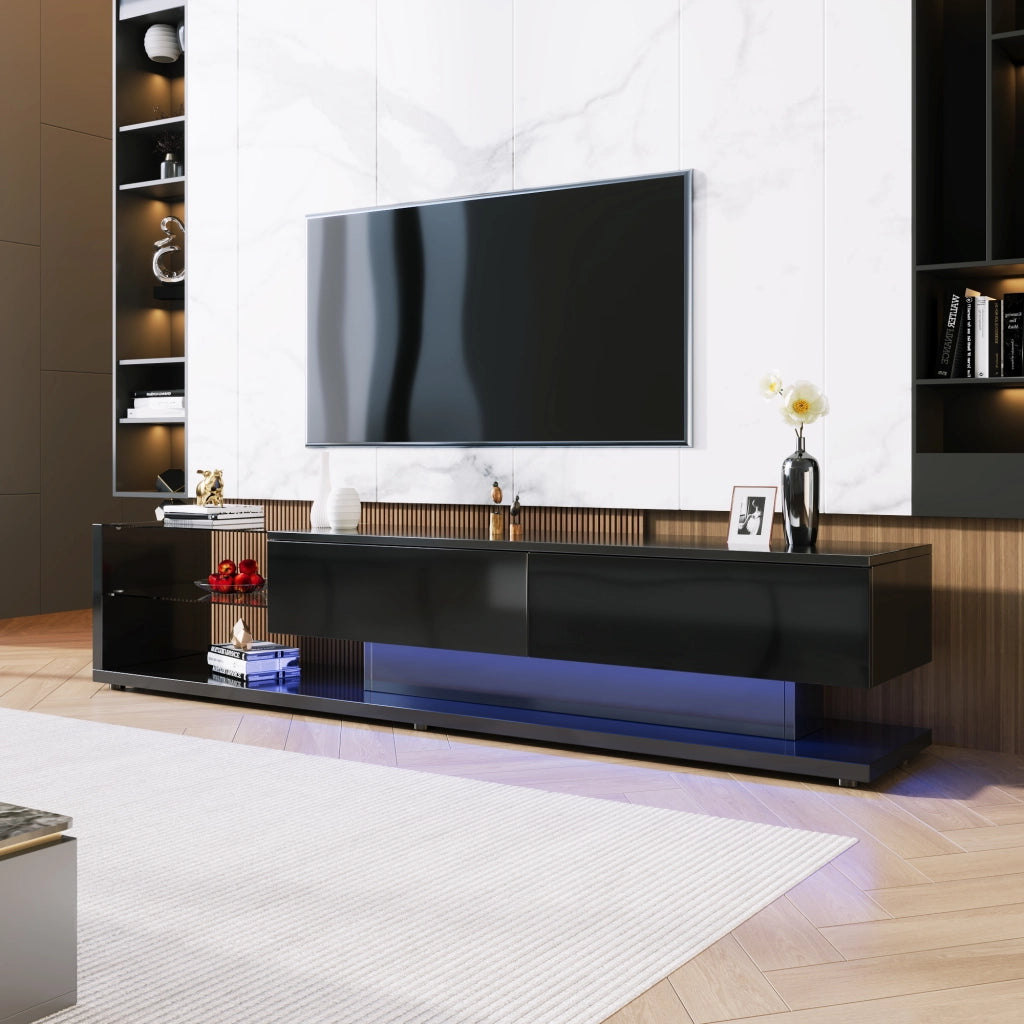 Mobile TV con 2 Cassetti e 2 Ripiani in Vetro con LED controllato da App; in Truciolare; Nero; 170×36×38 cm