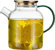 Teiera in vetro con filtro rimovibile, 1,6 litri, bottiglia di vetro con maniglia verde, vetro borosilicato, bottiglia di vetro, caraffa per acqua calda e fredda, tisana, vino, caffè, latte e succo