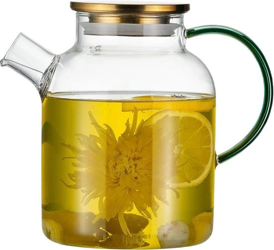 Teiera in vetro con filtro rimovibile, 1,6 litri, bottiglia di vetro con maniglia verde, vetro borosilicato, bottiglia di vetro, caraffa per acqua calda e fredda, tisana, vino, caffè, latte e succo