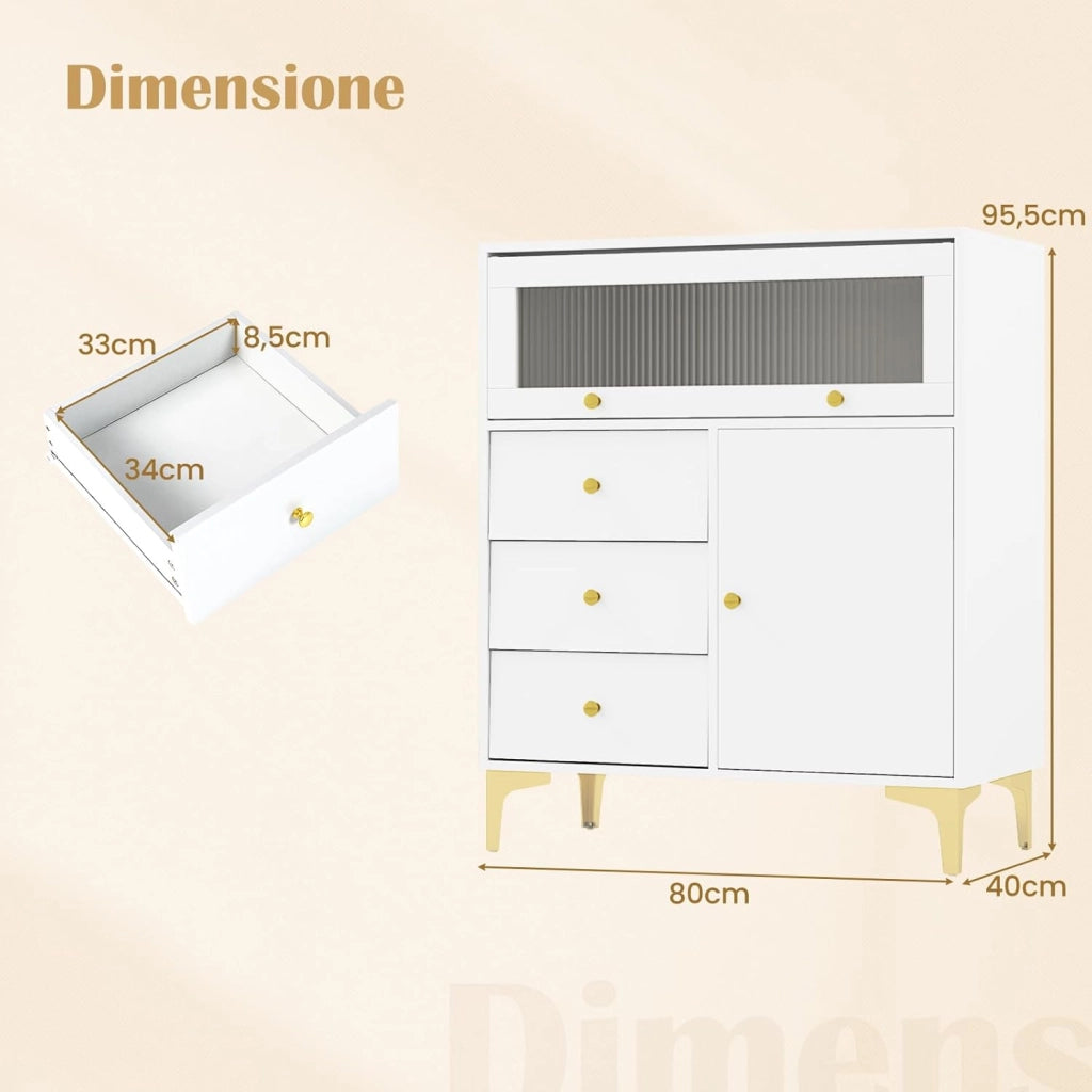 Cassettiera Credenza Camera da Letto a 3 Cassetti, Mobile con Ante e Scomparto con Vetrina Ribaltabile, Comò per Ingeresso, Soggiorno e Cucina, 80 x 40 x 95,5 cm, Bianco