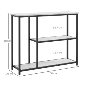 Tavolo consolle moderno bianco con 2 ripiani aperti, struttura in acciaio e pannelli truciolari, 100 x 30 x 80 cm