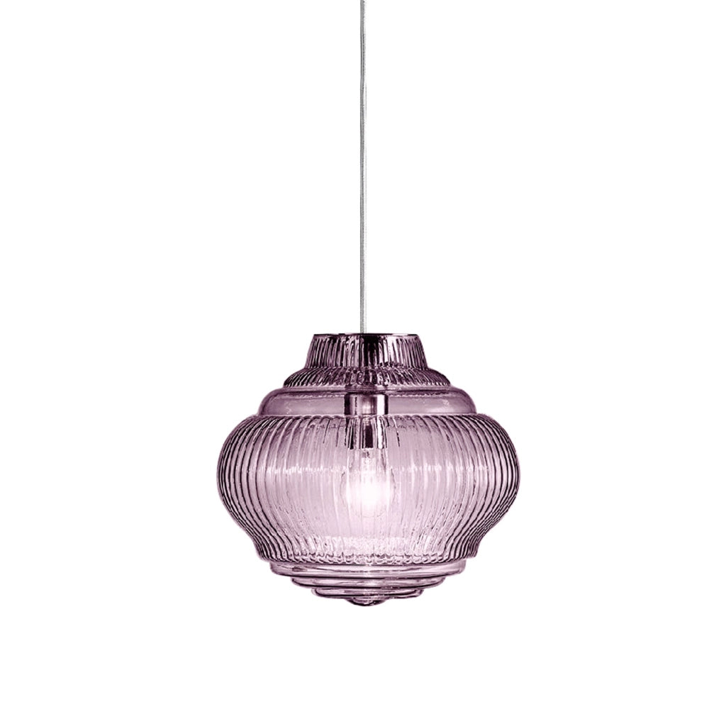 Bonnie Lampada a sospensione in vetro soffiato Ametista con lavorazione rigadin e struttura in metallo grigio, diametro 27.5 cm, design artigianale