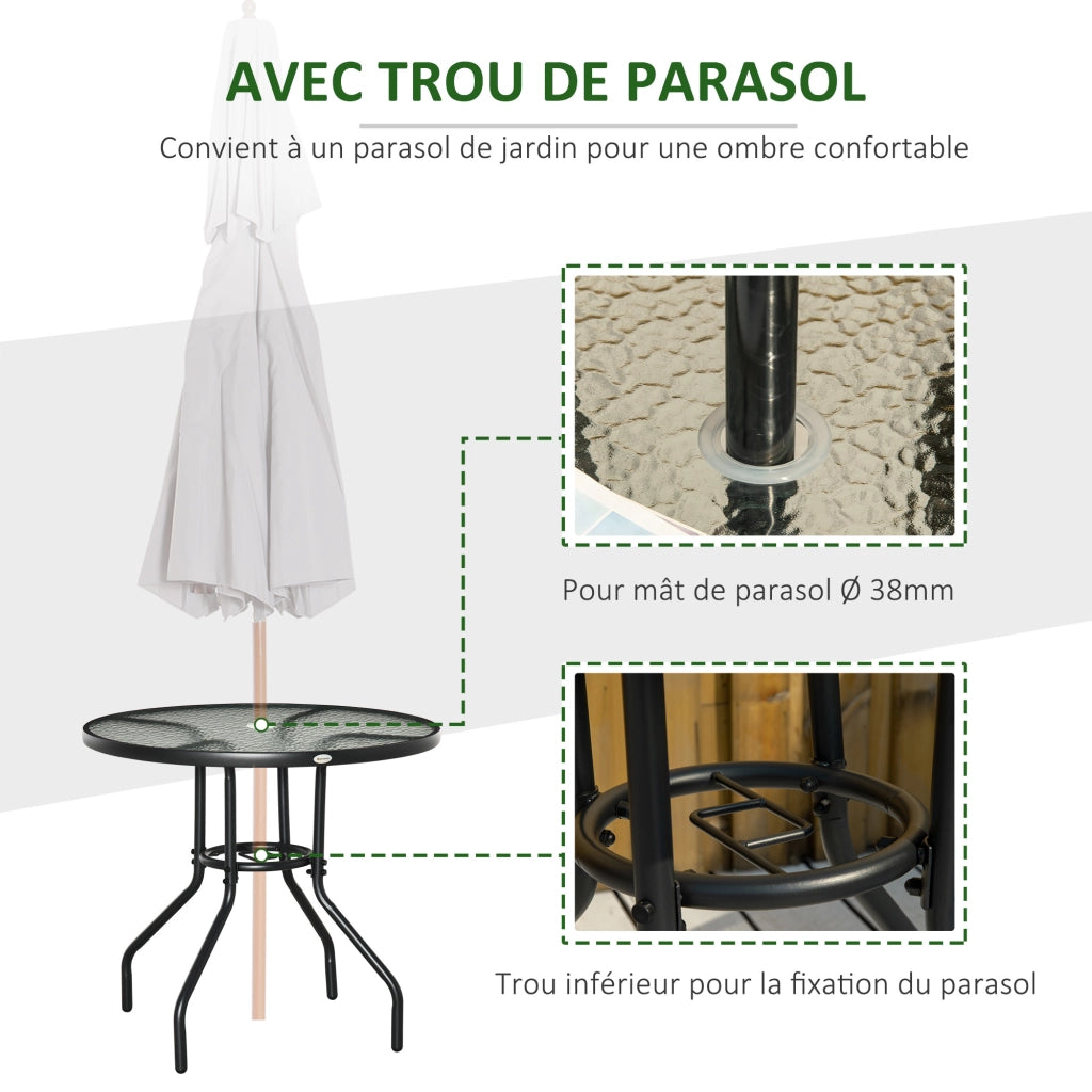 Tavolo da pranzo da giardino rotondo con piano in vetro temperato e foro ombrellone ¨C zephmum ¨C nero, ?80x72cm