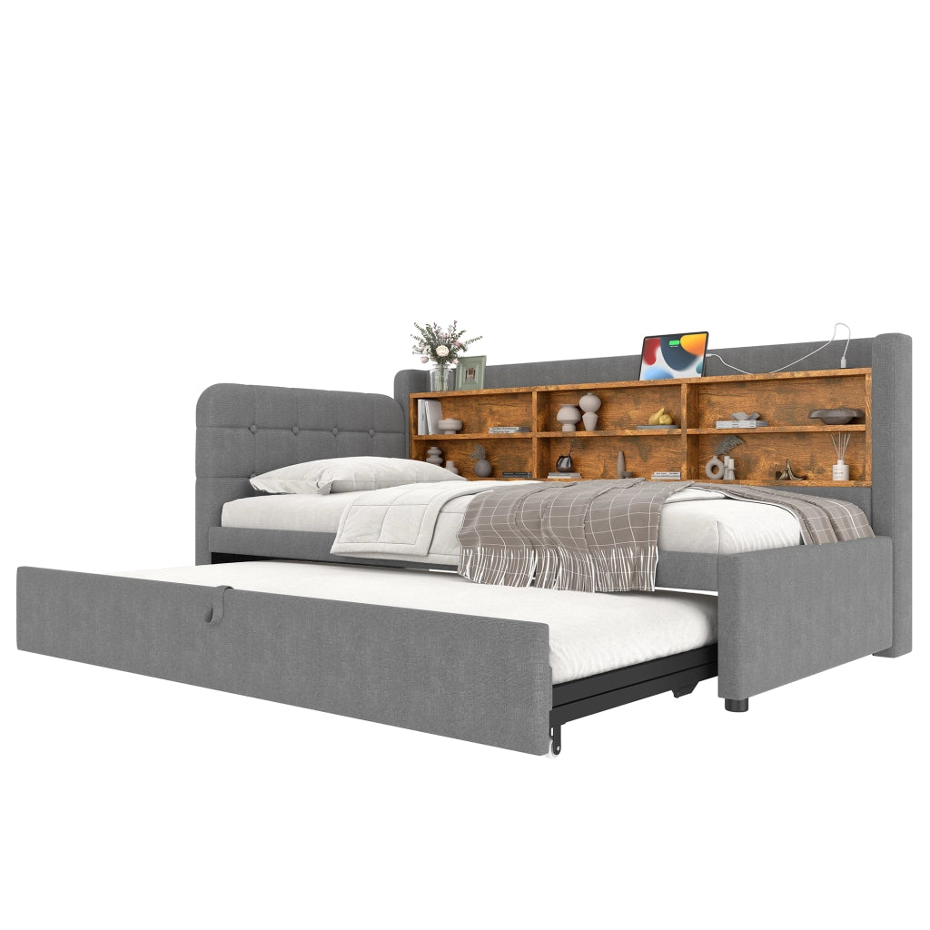 Letto estraibile singolo 90×200 cm con USB; Type-C; testiera con ripiani; senza materasso; lino; grigio