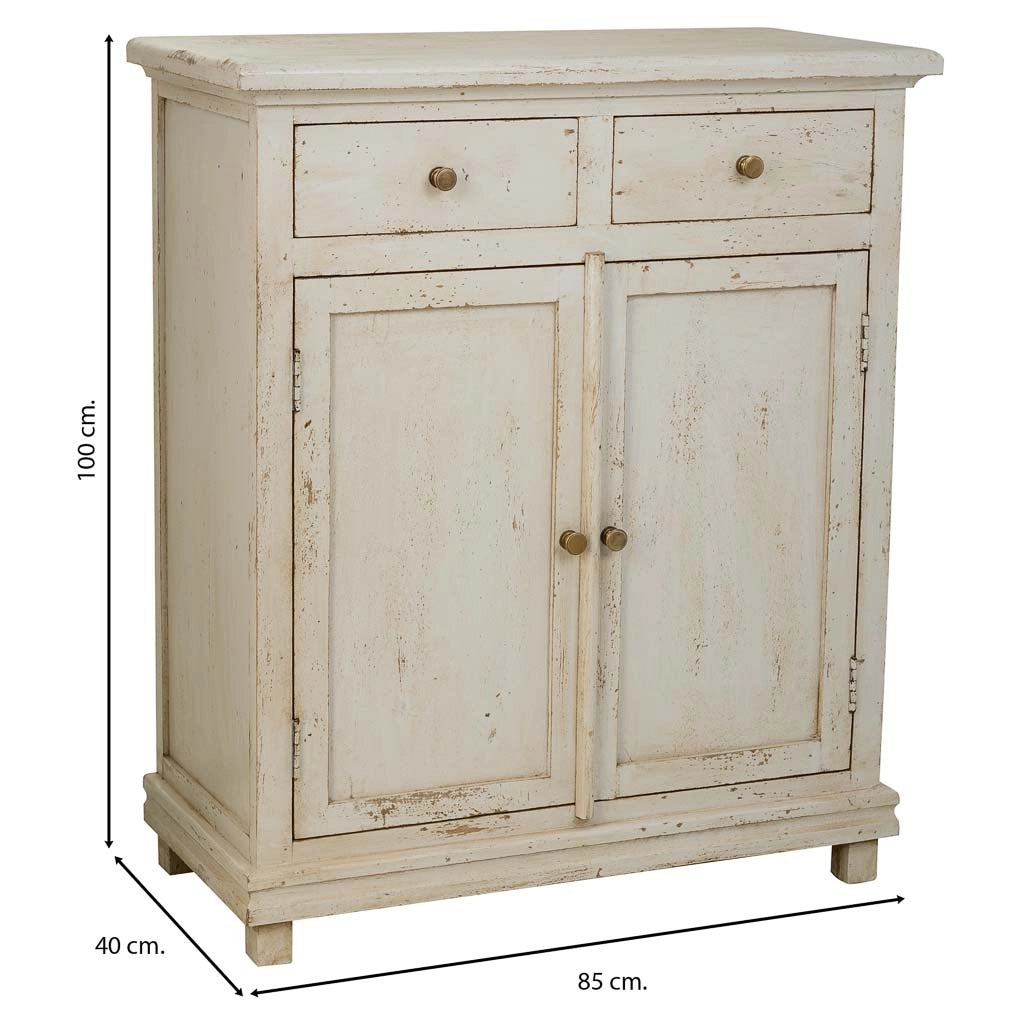 Mobile da ingresso in legno rifinito artigianalmente con 2 ante e 2 cassetti bianchi 85x40x100