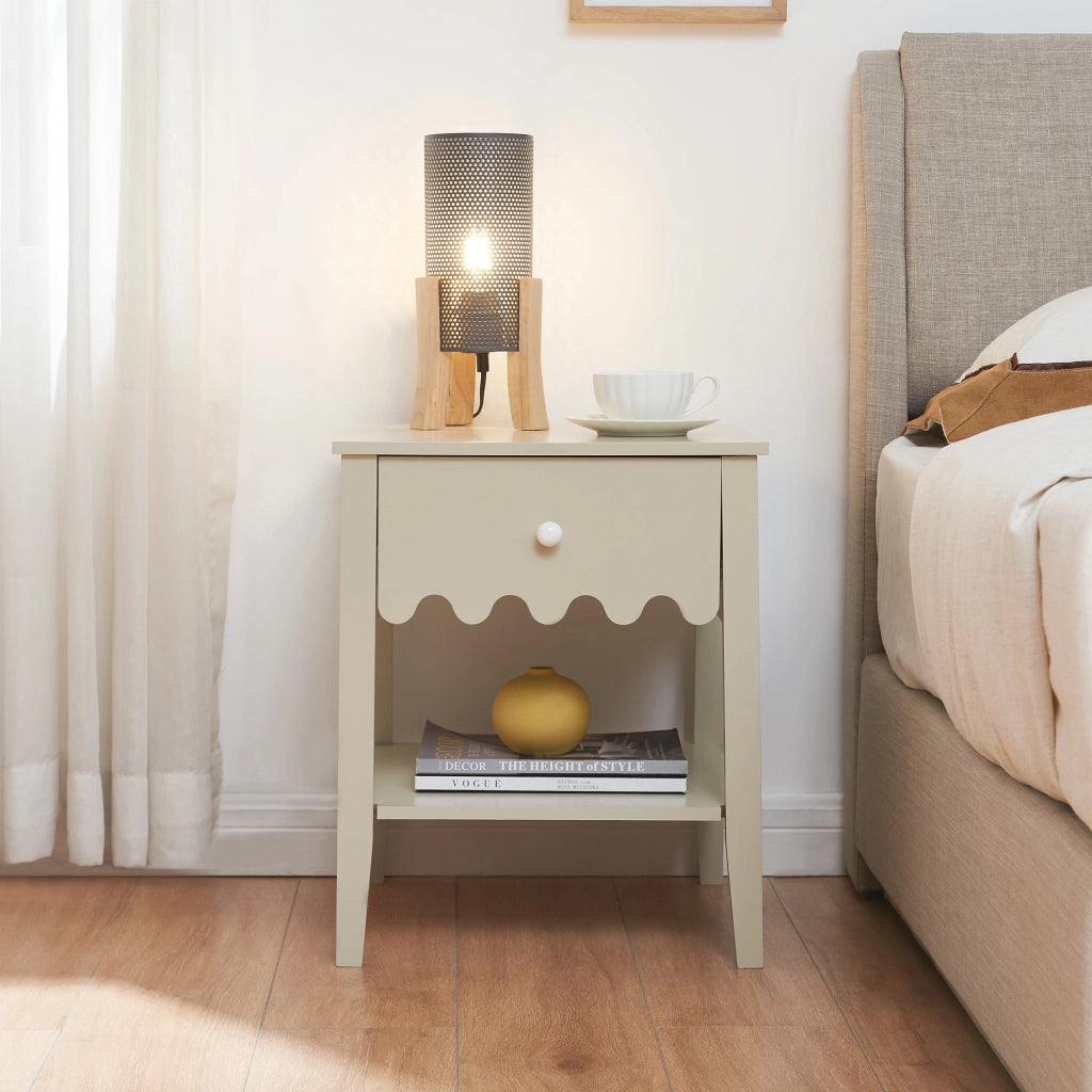 Comodino Luspoo con Cassetto e Ripiano Aperto 50 x 40 x 40 cm - Bianco Crema [en.casa]