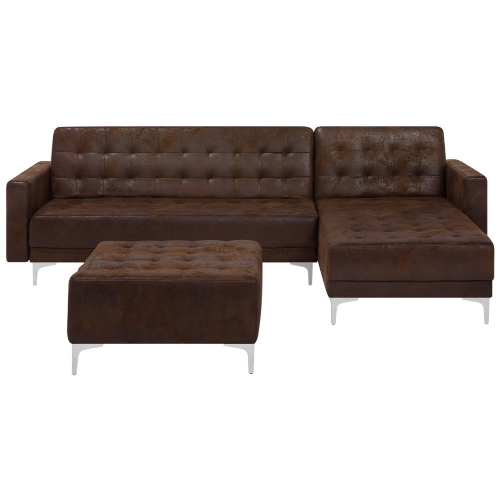 Divano letto angolare marrone in ecopelle con rivestimento a forma di L moderno e modulare a 4 posti con ottomana Chaise Longue sinistra