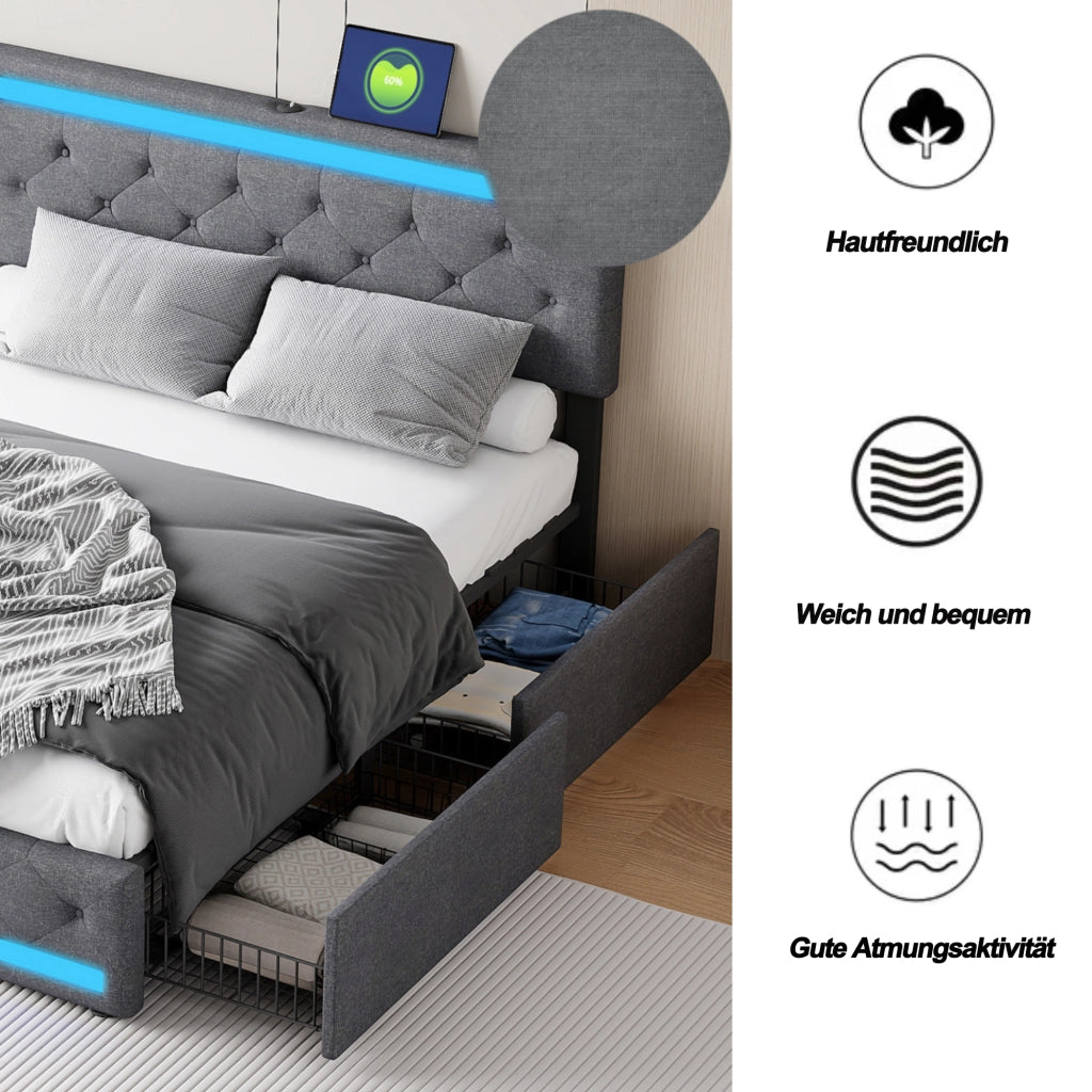 Letto matrimoniale 160x200 cm con LED; USB e vani contenitore grigio scuro