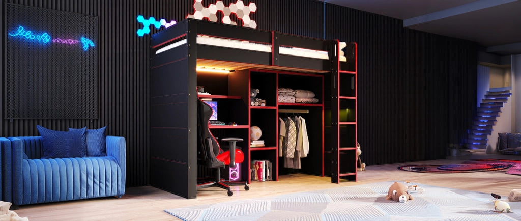 Letto a castello gaming in legno 90x200 cm con scrivania, armadio, LED e porta USB, nero e rosso
